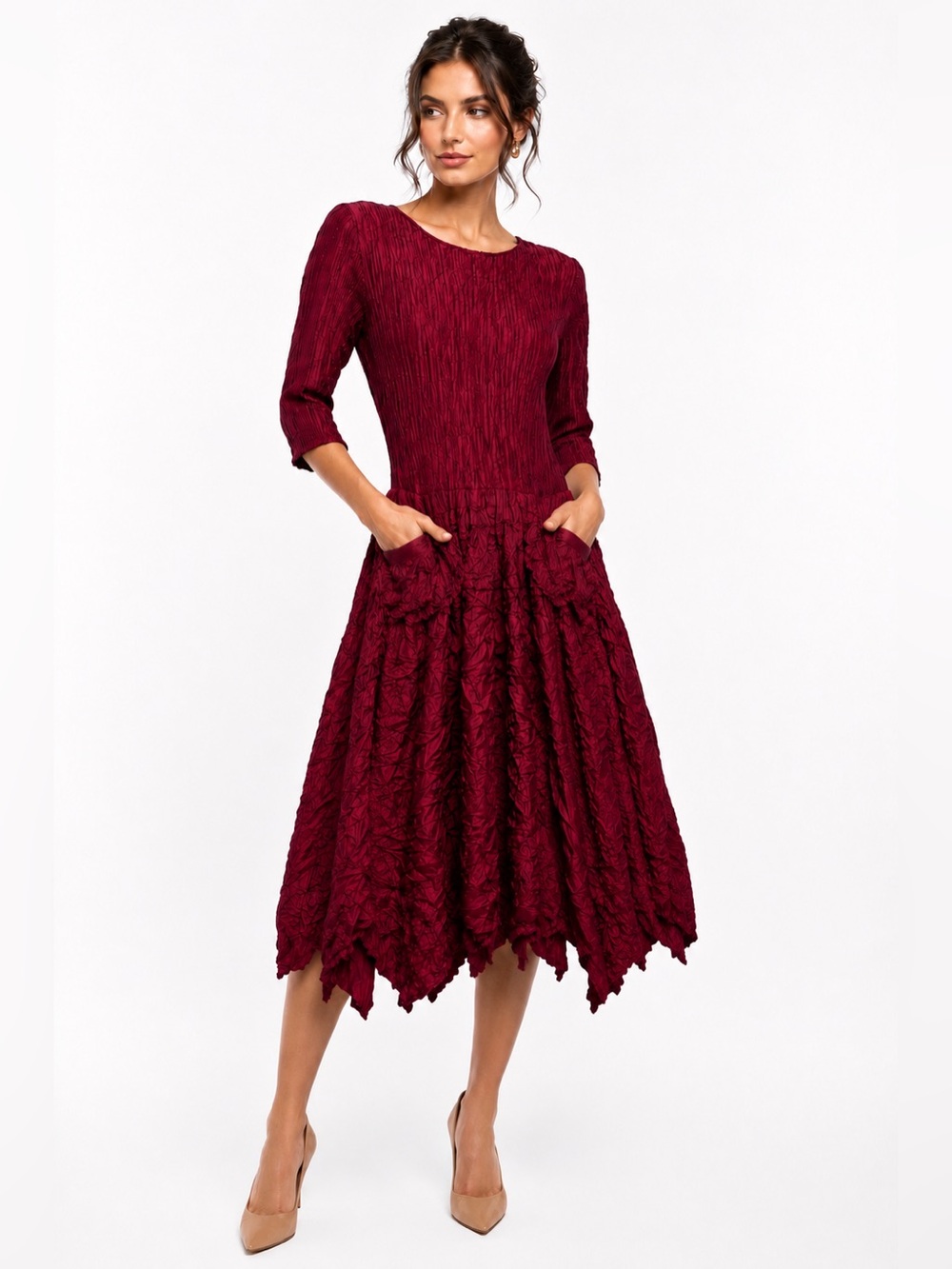 Alquema Crinkle Pleat Dress Wine Burgundy Pockets Handkerchief Hem Size 0 CKB059